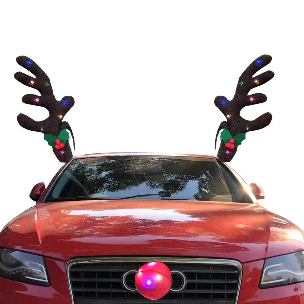 Christmas Reindeer Antlers Car Kit Reindeer Antlers And Nose With Led Lights Christmas Antlers Costume Auto Decoration For SUV