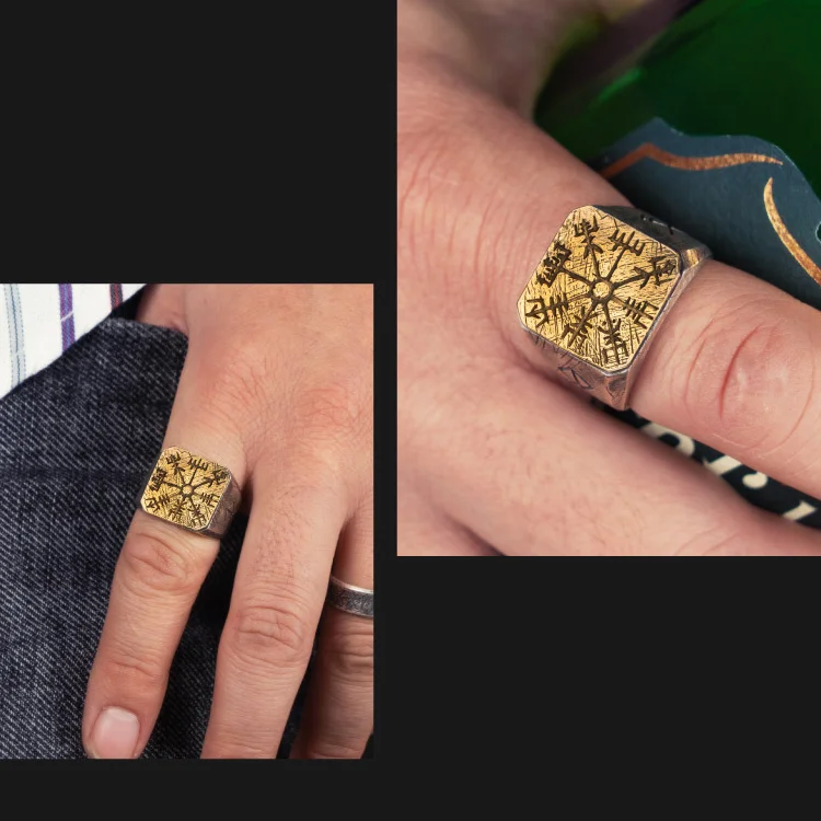 925 sterling silver Thor’s Hammer Mjölnir and vegvisir ring as gift with vintage wood viking box