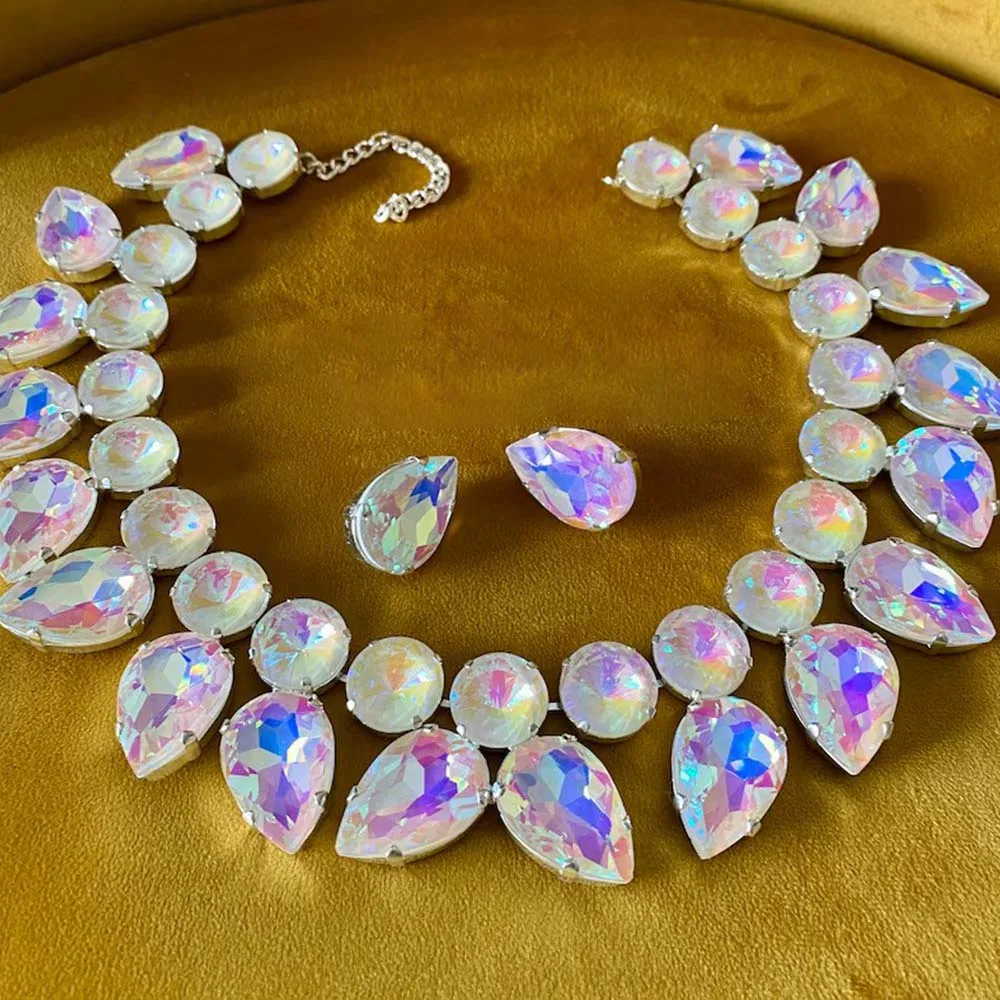 Stonefans Crystal Teardrop Necklace Earrings Set Elegant Bride Dubai Wedding Jewellery Statement Set 2024 Necklaces Dubai Gifts