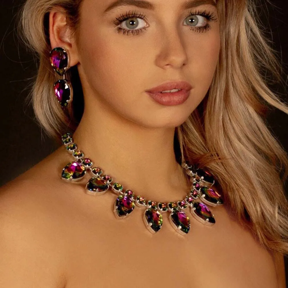 Stonefans Crystal Teardrop Necklace Earrings Set Elegant Bride Dubai Wedding Jewellery Statement Set 2024 Necklaces Dubai Gifts