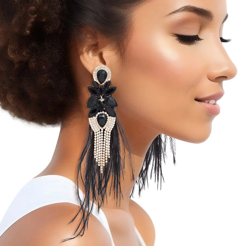 Stonefans AB Color Rhinestone Tassel Feather Earrings Jewelry for Women Statement Large Earrings Belly Dance Decor Prom Jewelry