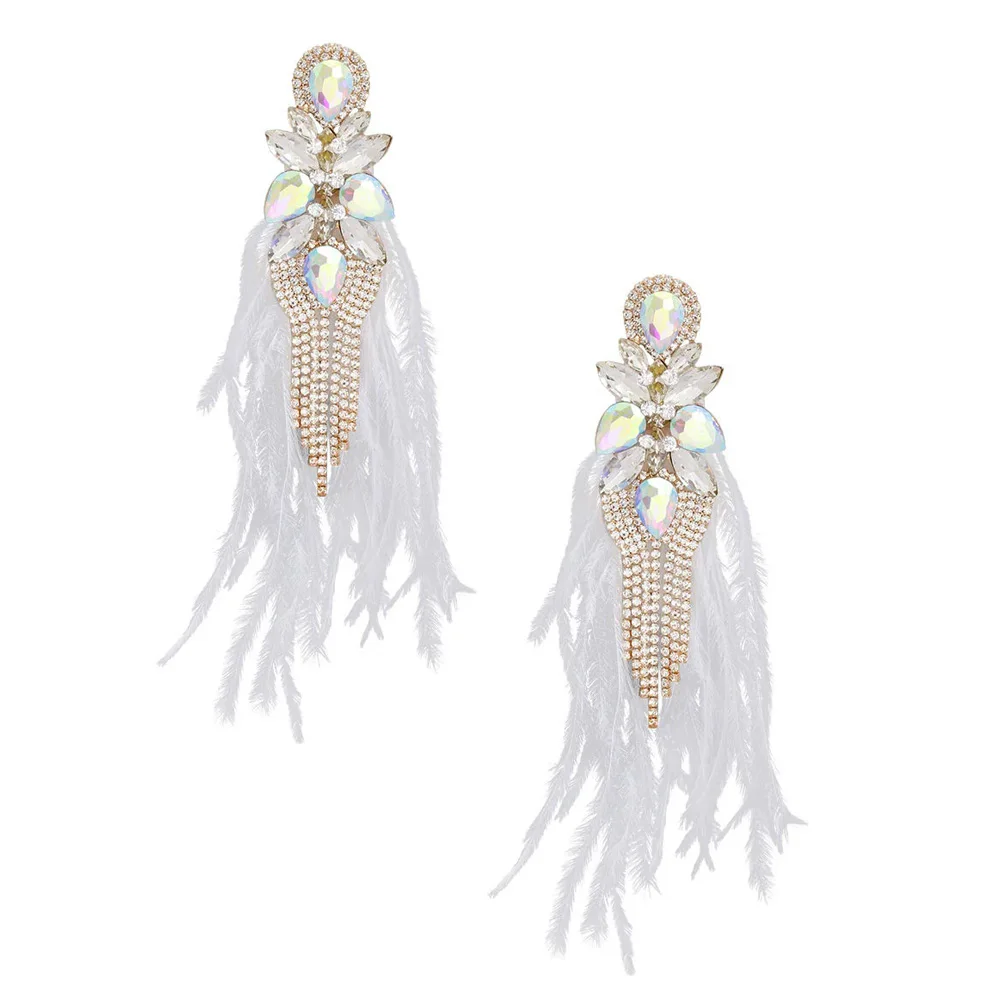 Stonefans AB Color Rhinestone Tassel Feather Earrings Jewelry for Women Statement Large Earrings Belly Dance Decor Prom Jewelry