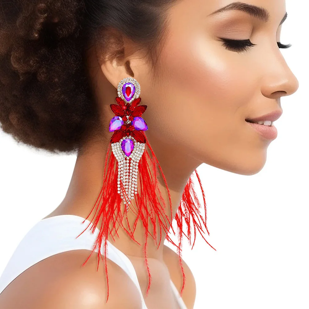 Stonefans AB Color Rhinestone Tassel Feather Earrings Jewelry for Women Statement Large Earrings Belly Dance Decor Prom Jewelry