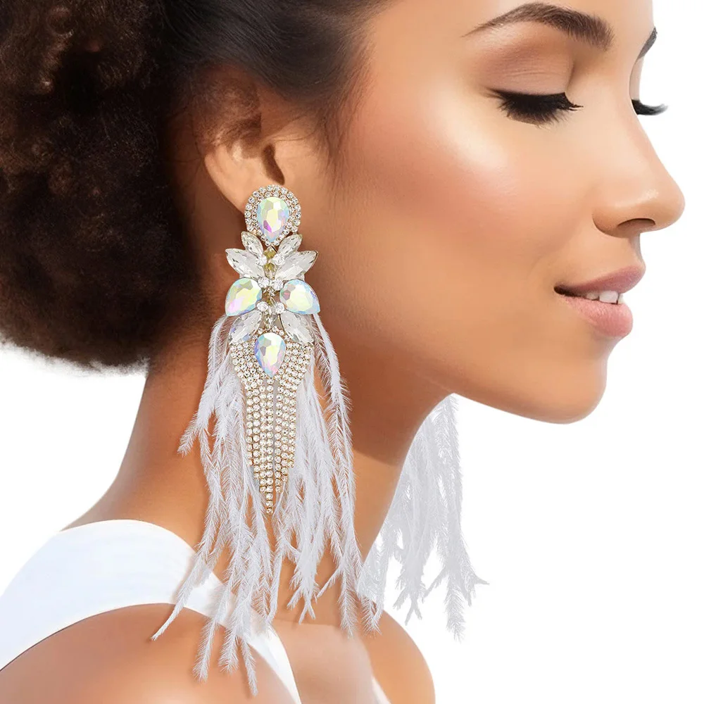Stonefans AB Color Rhinestone Tassel Feather Earrings Jewelry for Women Statement Large Earrings Belly Dance Decor Prom Jewelry