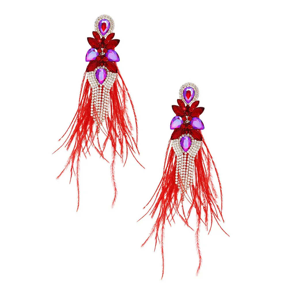 Stonefans AB Color Rhinestone Tassel Feather Earrings Jewelry for Women Statement Large Earrings Belly Dance Decor Prom Jewelry