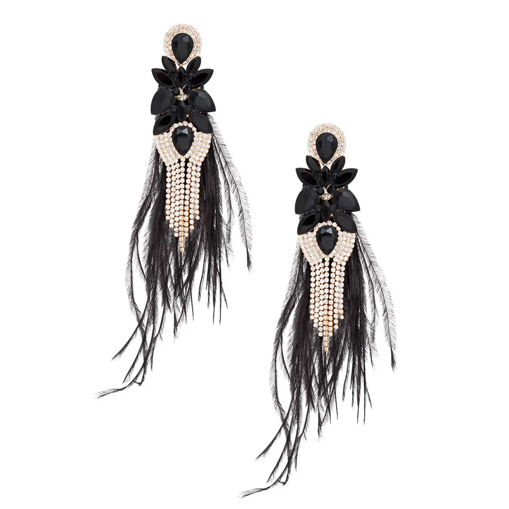 Stonefans AB Color Rhinestone Tassel Feather Earrings Jewelry for Women Statement Large Earrings Belly Dance Decor Prom Jewelry