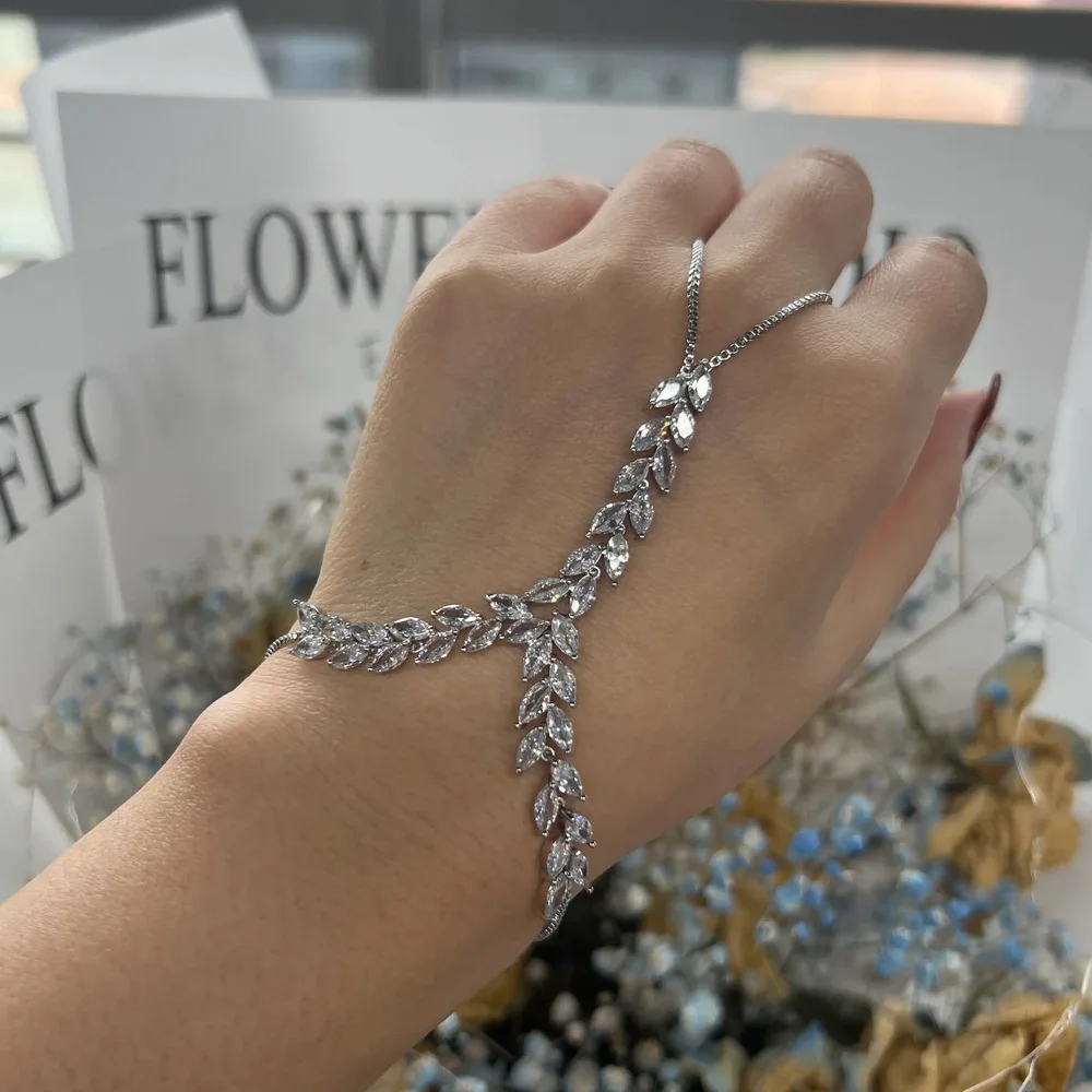 Stonefans Boho CZ Back Hand Bracelet Fairy Slave Jewelry for Women Palm Cuff Chain Bridal Finger Bracelet Adjustable Wedding