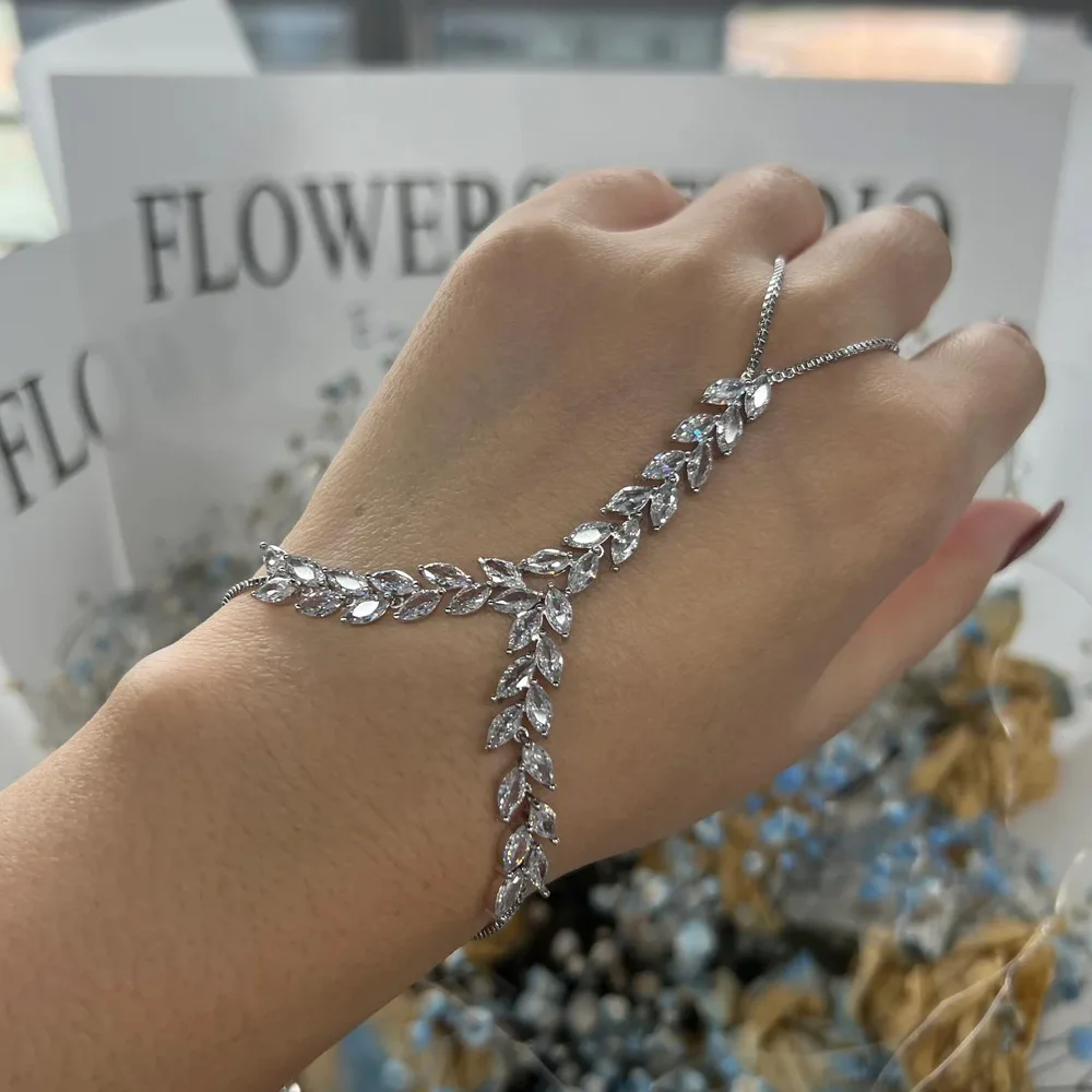 Stonefans Boho CZ Back Hand Bracelet Fairy Slave Jewelry for Women Palm Cuff Chain Bridal Finger Bracelet Adjustable Wedding