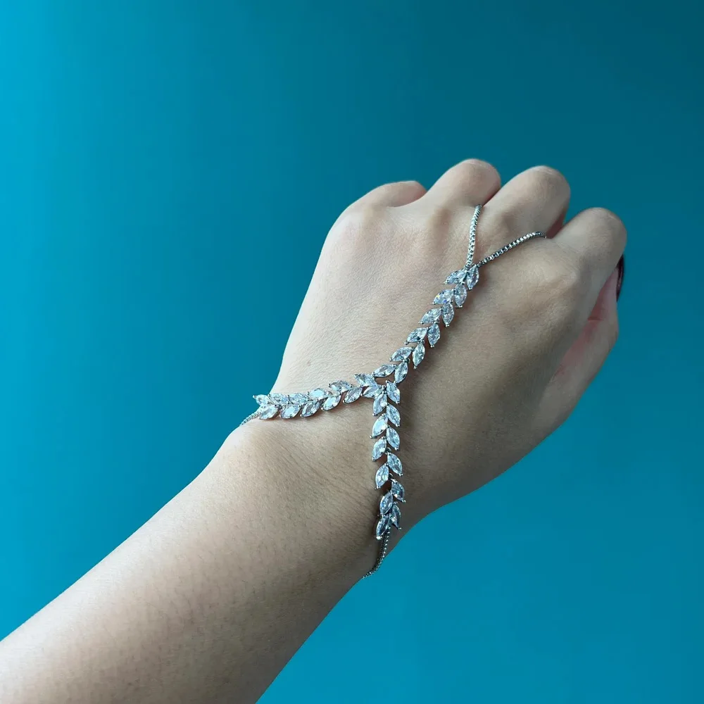 Stonefans Boho CZ Back Hand Bracelet Fairy Slave Jewelry for Women Palm Cuff Chain Bridal Finger Bracelet Adjustable Wedding