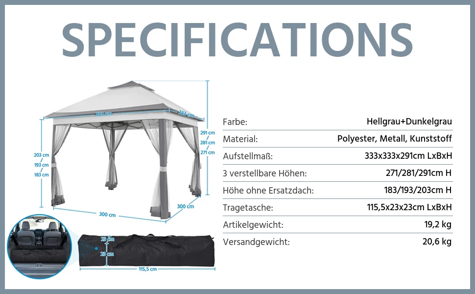3.3x3.3m Outdoor Gazebo Canopy with 4 Detachable Mosquito Nets, UV and Rainproof Gazebo Patio Pop Up with Double Eaves Folding