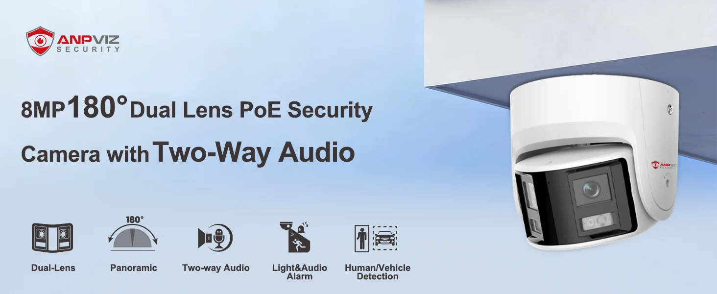 Anpviz 8MP Dual Lens POE Camera Ultra Wide Angel 180° Panoramic Security Camera AI Human Vehicle Detection Audio Warning Alarm