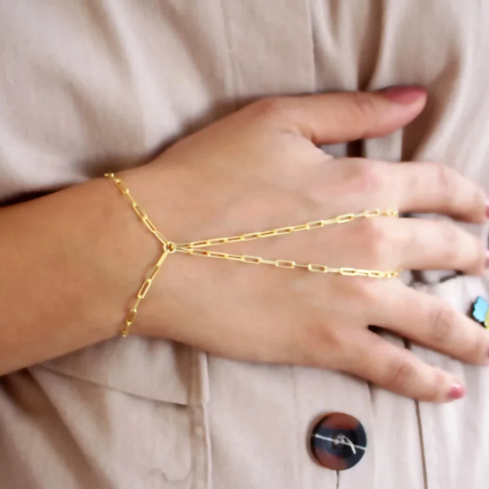 Stonefans Simple Metal Chain Finger Bracelet Ring Jewlery for Women Minimalist Hand Chain Bracelet Harness Connecting Jewelry