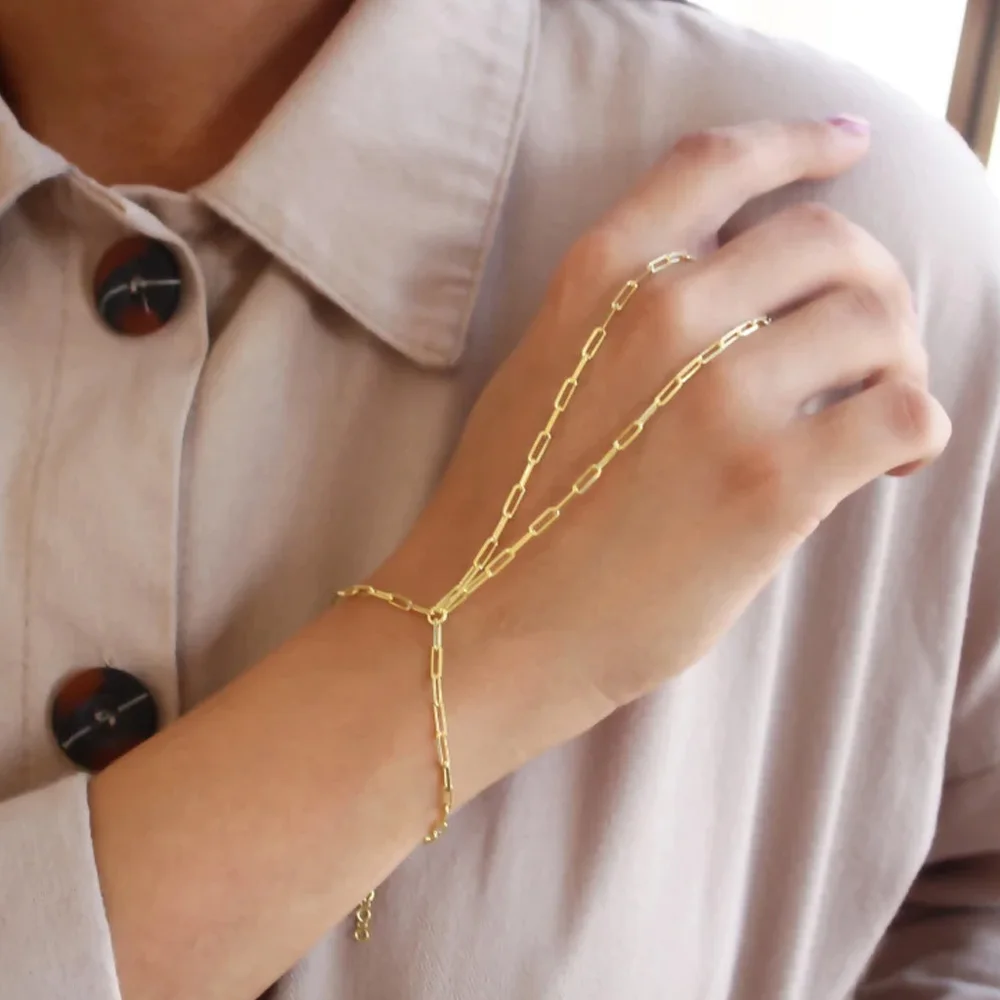 Stonefans Simple Metal Chain Finger Bracelet Ring Jewlery for Women Minimalist Hand Chain Bracelet Harness Connecting Jewelry