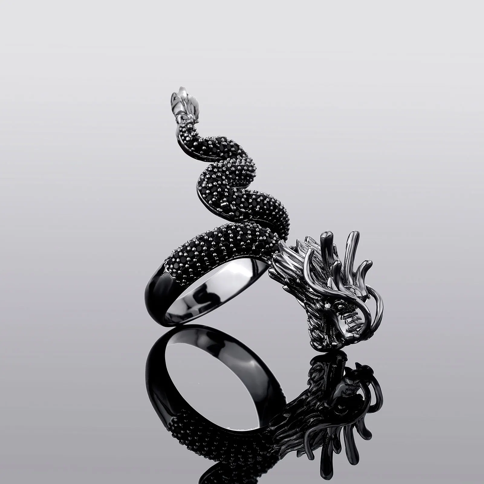 JINAO New Micro-Paved HIP Hop Black Chinese Traditional Dragon Iced Adjustable 5A+ Cubic Zircon Ring Men and Women Jewelry Gift
