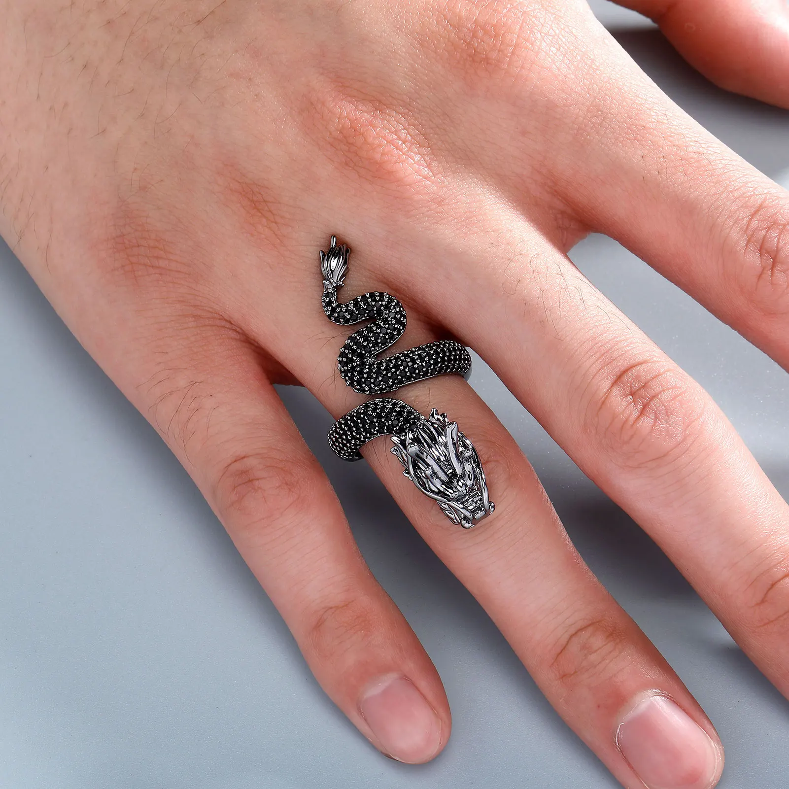 JINAO New Micro-Paved HIP Hop Black Chinese Traditional Dragon Iced Adjustable 5A+ Cubic Zircon Ring Men and Women Jewelry Gift