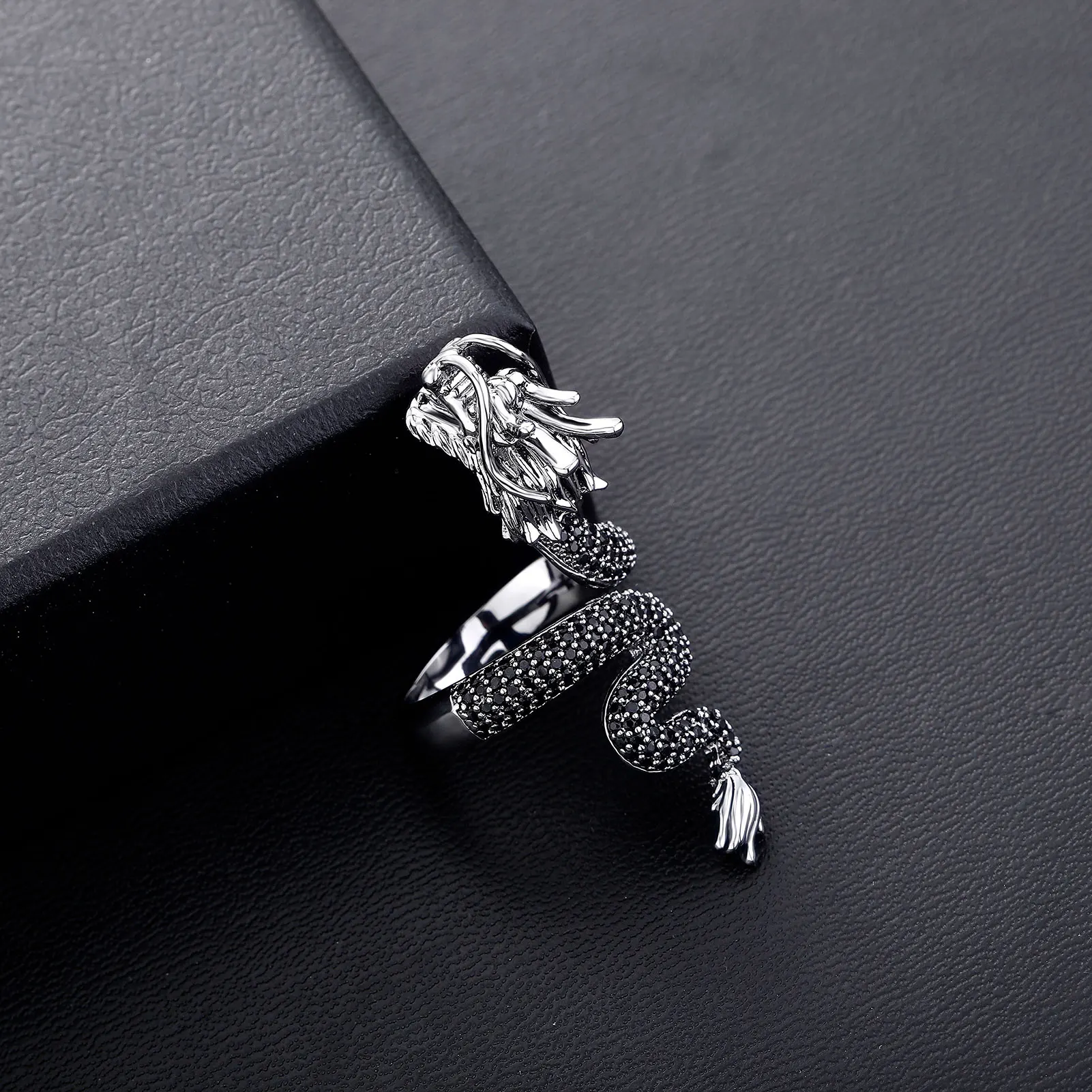 JINAO New Micro-Paved HIP Hop Black Chinese Traditional Dragon Iced Adjustable 5A+ Cubic Zircon Ring Men and Women Jewelry Gift