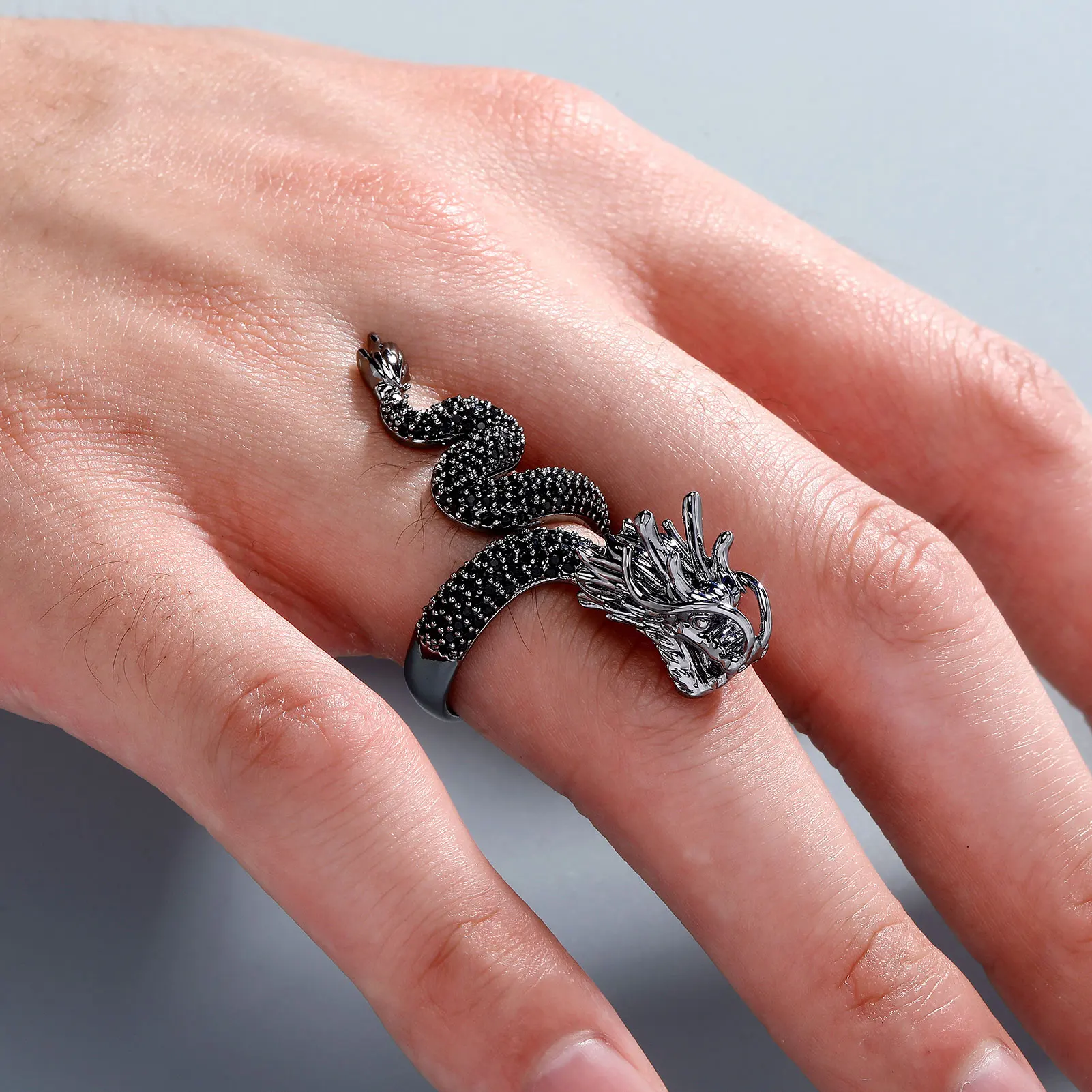 JINAO New Micro-Paved HIP Hop Black Chinese Traditional Dragon Iced Adjustable 5A+ Cubic Zircon Ring Men and Women Jewelry Gift