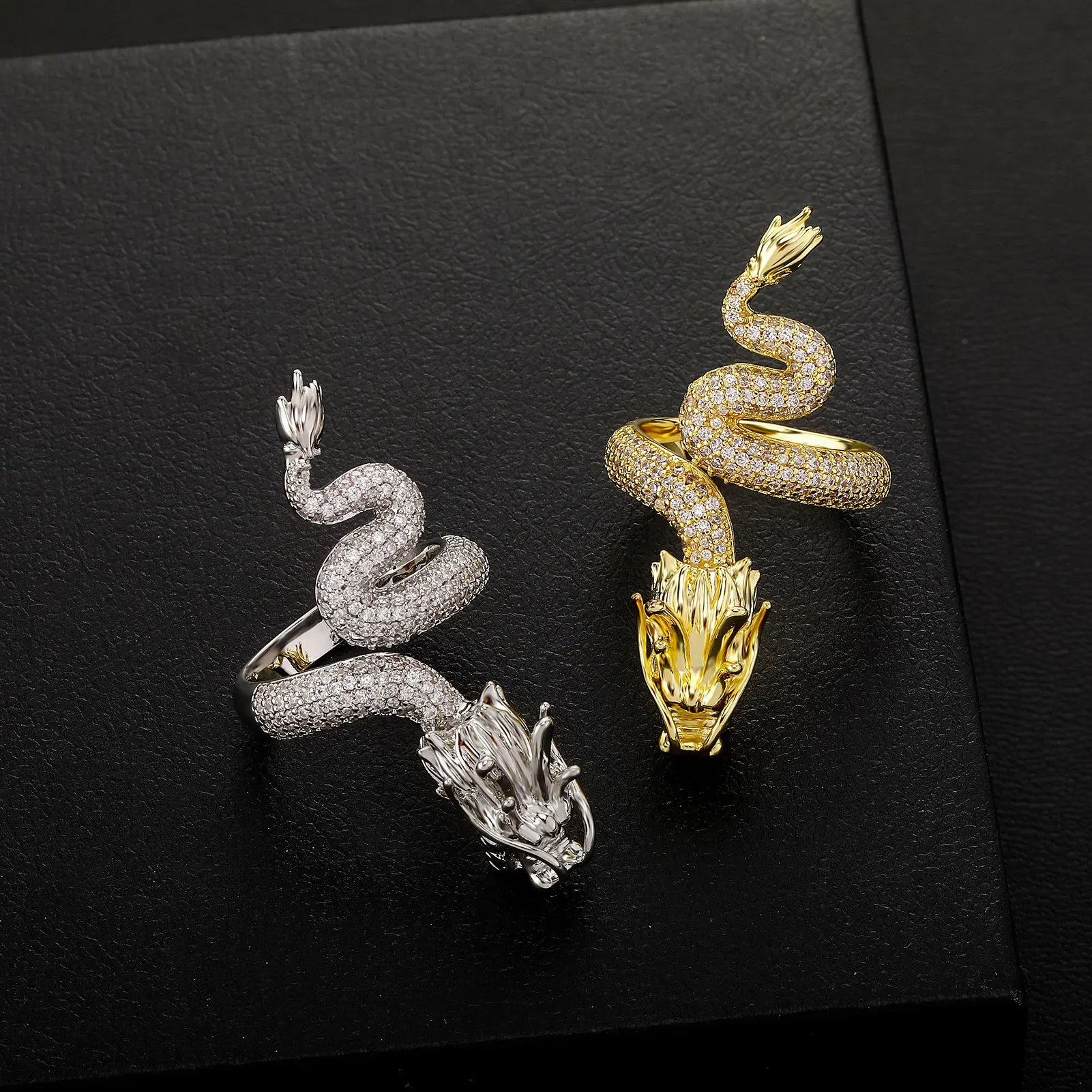 JINAO New Micro-Paved HIP Hop Black Chinese Traditional Dragon Iced Adjustable 5A+ Cubic Zircon Ring Men and Women Jewelry Gift