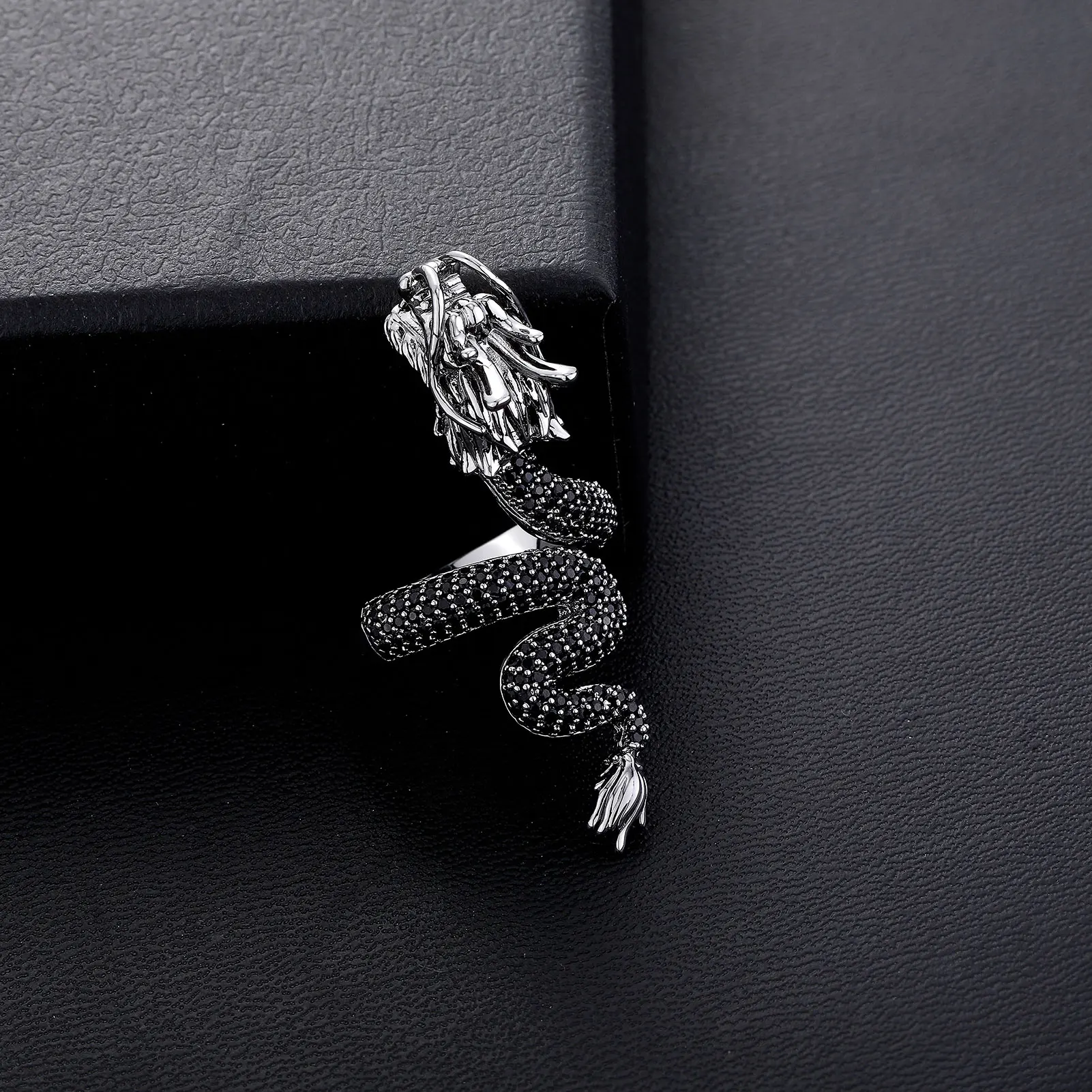 JINAO New Micro-Paved HIP Hop Black Chinese Traditional Dragon Iced Adjustable 5A+ Cubic Zircon Ring Men and Women Jewelry Gift