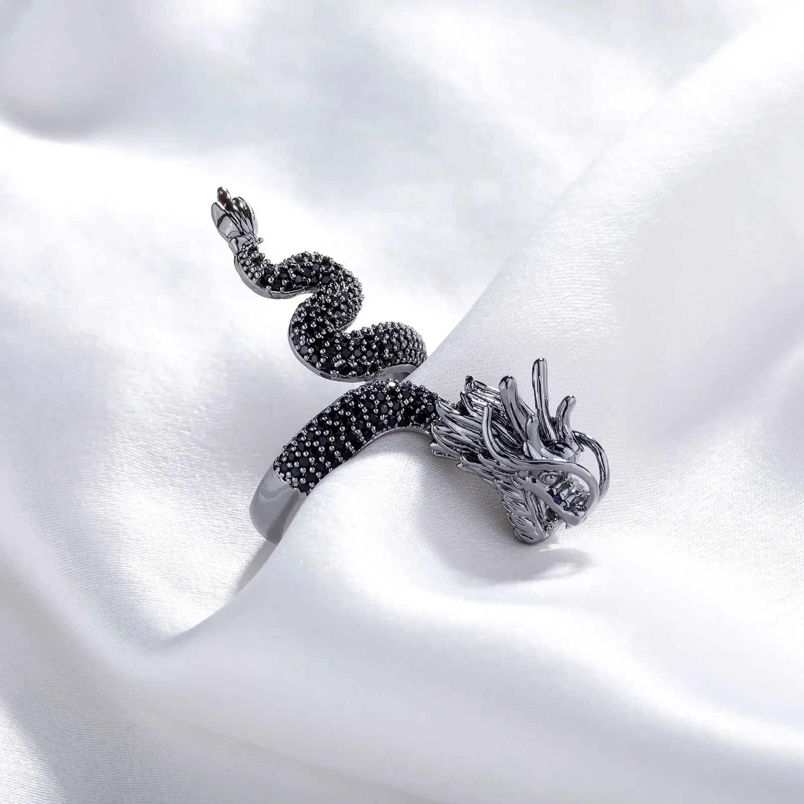 JINAO New Micro-Paved HIP Hop Black Chinese Traditional Dragon Iced Adjustable 5A+ Cubic Zircon Ring Men and Women Jewelry Gift