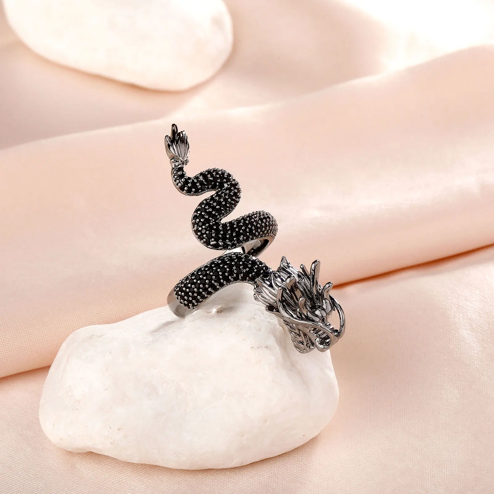 JINAO New Micro-Paved HIP Hop Black Chinese Traditional Dragon Iced Adjustable 5A+ Cubic Zircon Ring Men and Women Jewelry Gift