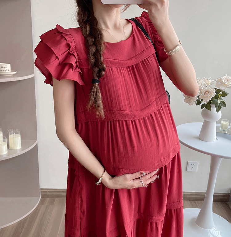 Maternity French Style Sweetheart Cake Dress For Summer New Fresh Fairy Pregnancy Clothes V-Neck Knee-Length Pregnant Dress