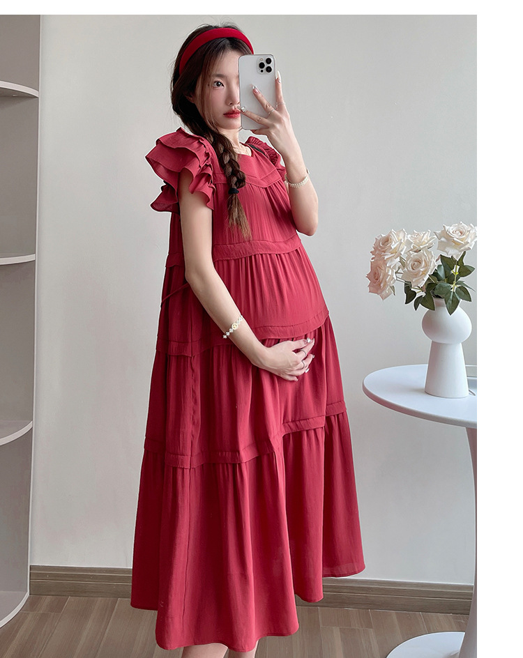 Maternity French Style Sweetheart Cake Dress For Summer New Fresh Fairy Pregnancy Clothes V-Neck Knee-Length Pregnant Dress