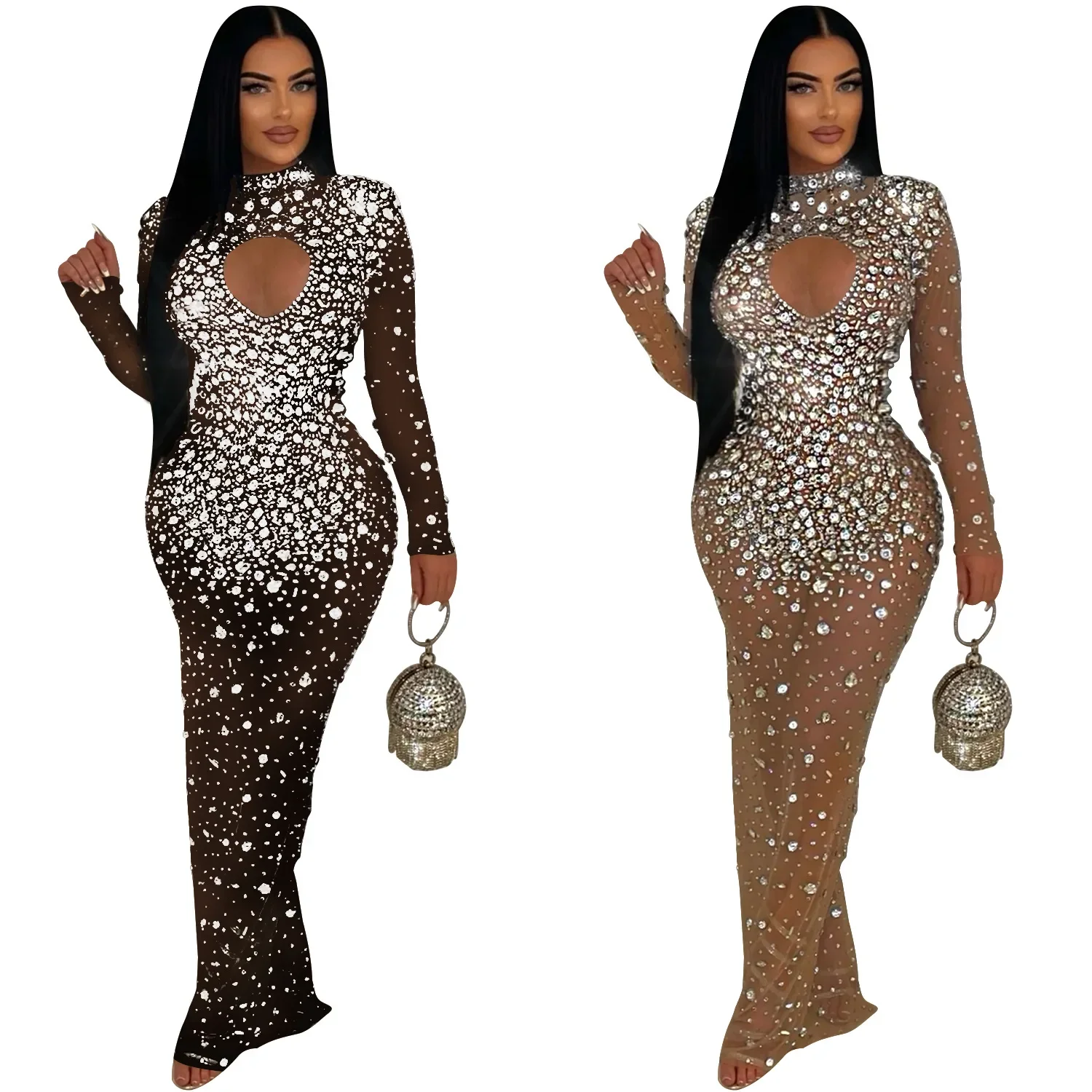 Women Mesh See Through Diamonds Hot Rhinestones Bodycon Long Mermaid Maxi Dress 2024 Evening Sexy Party Dresses Vestidos