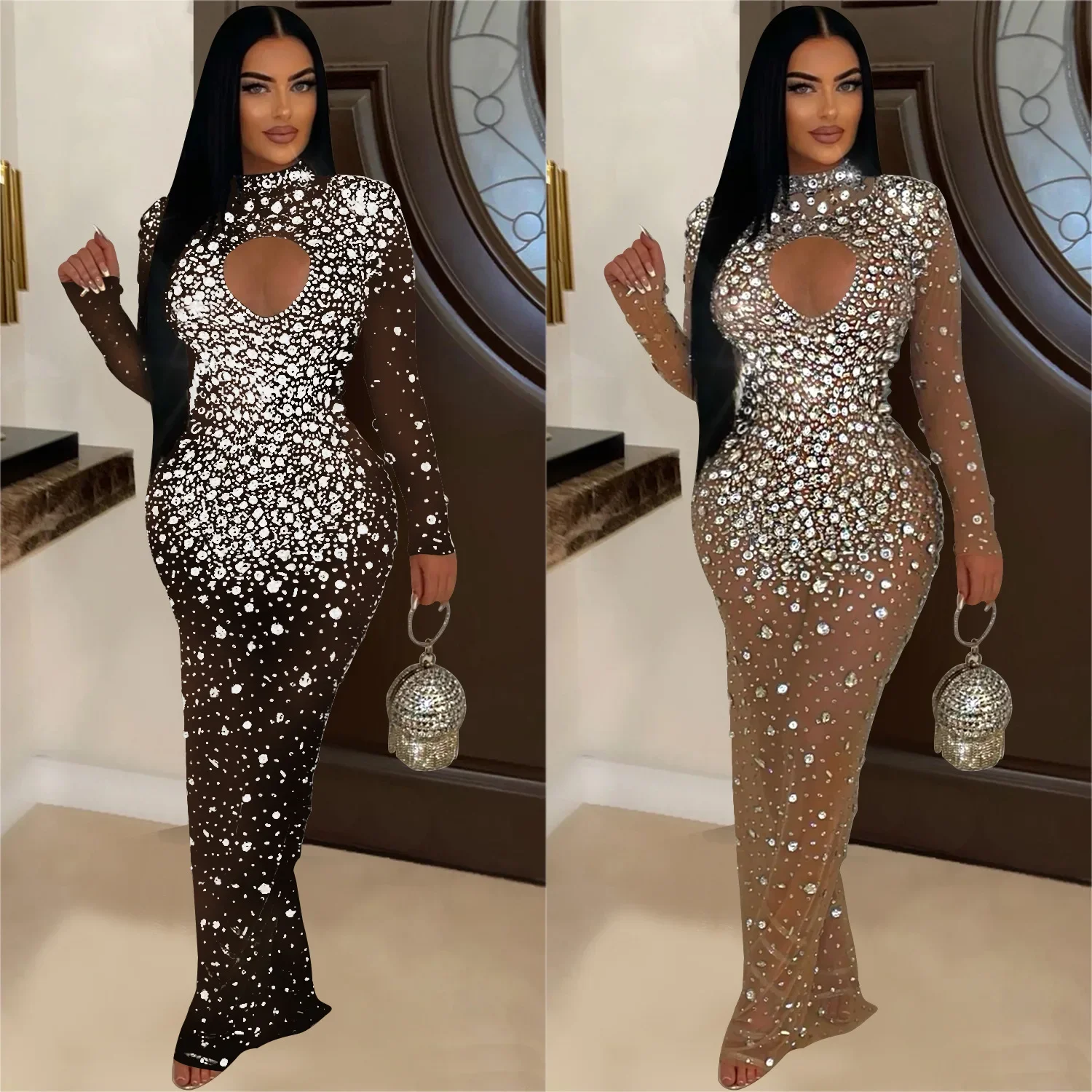 Women Mesh See Through Diamonds Hot Rhinestones Bodycon Long Mermaid Maxi Dress 2024 Evening Sexy Party Dresses Vestidos