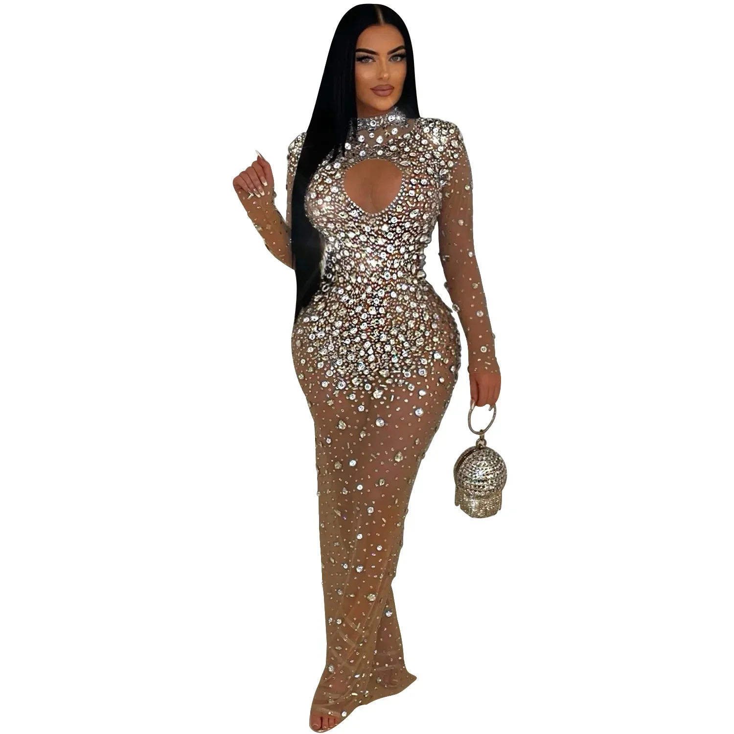 Women Mesh See Through Diamonds Hot Rhinestones Bodycon Long Mermaid Maxi Dress 2024 Evening Sexy Party Dresses Vestidos