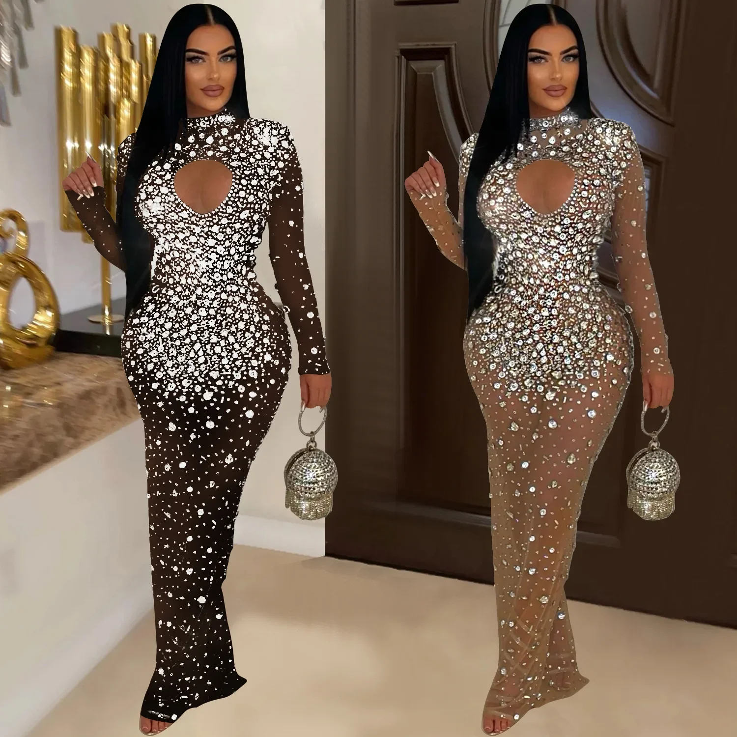 Women Mesh See Through Diamonds Hot Rhinestones Bodycon Long Mermaid Maxi Dress 2024 Evening Sexy Party Dresses Vestidos