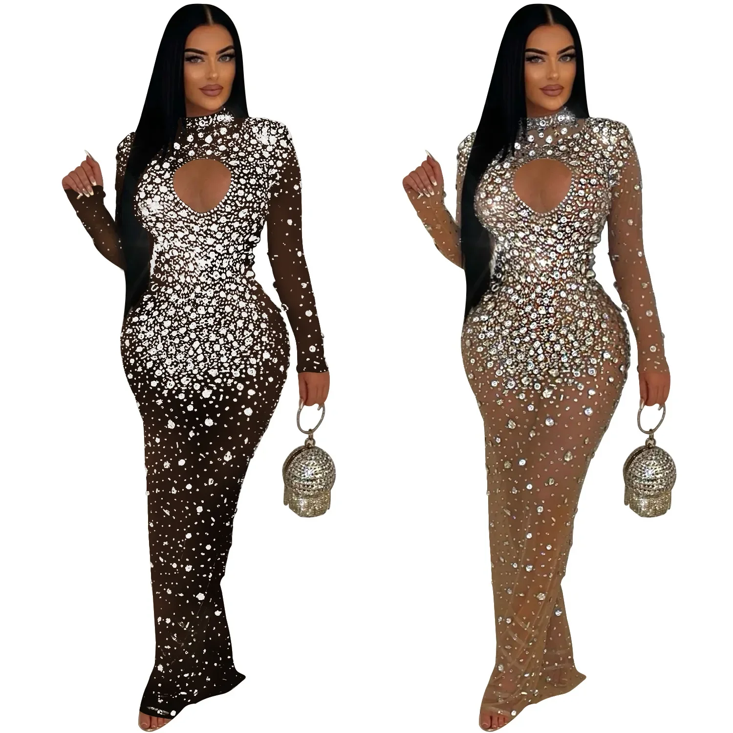 Women Mesh See Through Diamonds Hot Rhinestones Bodycon Long Mermaid Maxi Dress 2024 Evening Sexy Party Dresses Vestidos