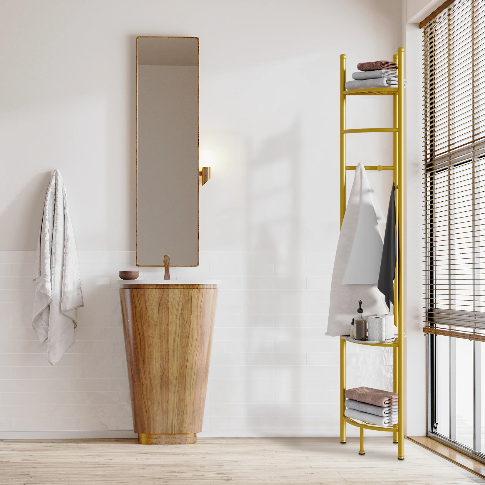 Space-Saving Tall Entryway Gold Metal Coat Stand with Shelves A Free-Standing Clothes Rack Ideal for Bedroom & Living Room