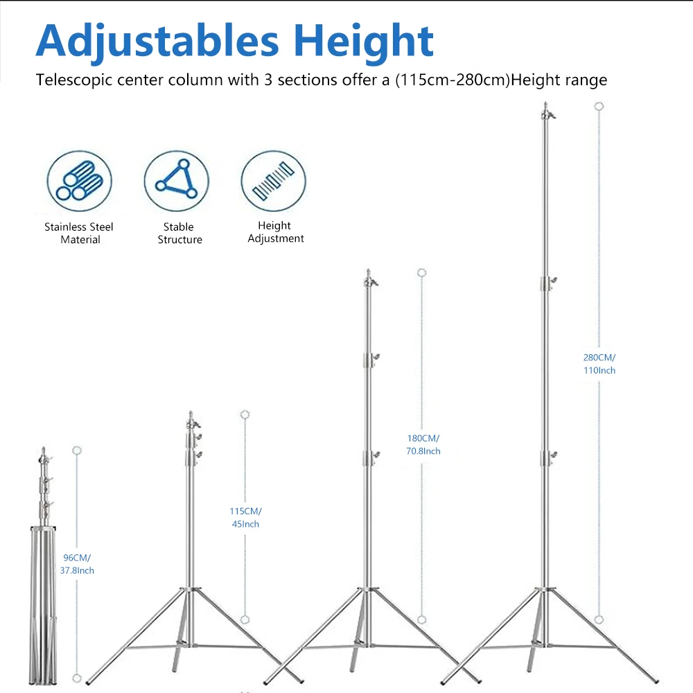 2.8m Stainless Steel Light Stand Spring Cushioned Heavy Duty Tripod Stand Speedlight Strobe Light Softbox Umbrella Aluminum Allo