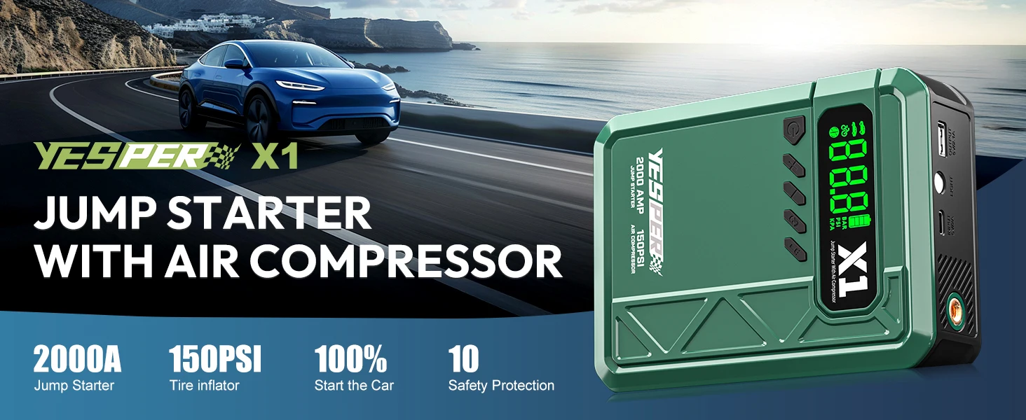 YESPER X1 2000A Jump Starter 12000mAh Power Bank 150PSI Air Compressor Inflator Car Battery Emergency Boosters Starting Device