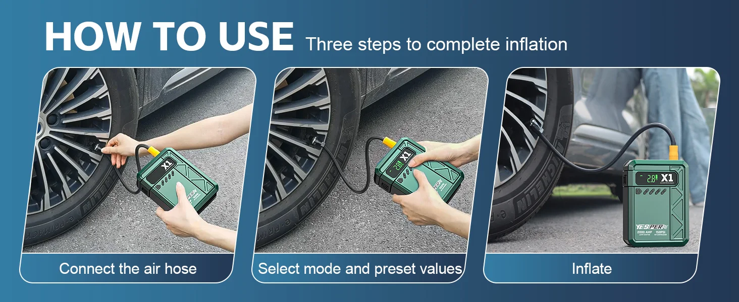 YESPER X1 2000A Jump Starter 12000mAh Power Bank 150PSI Air Compressor Inflator Car Battery Emergency Boosters Starting Device