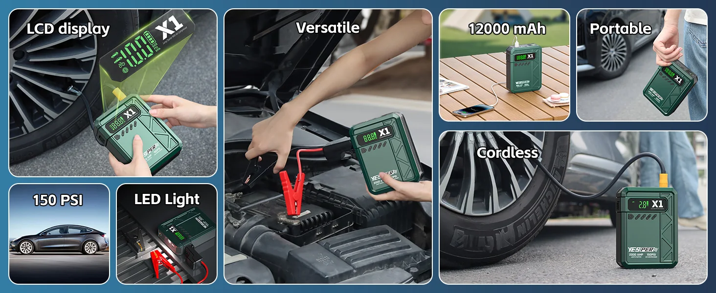 YESPER X1 2000A Jump Starter 12000mAh Power Bank 150PSI Air Compressor Inflator Car Battery Emergency Boosters Starting Device