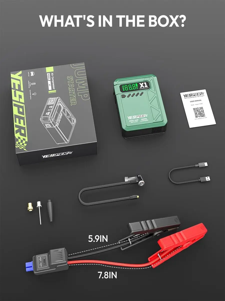 YESPER X1 2000A Jump Starter 12000mAh Power Bank 150PSI Air Compressor Inflator Car Battery Emergency Boosters Starting Device