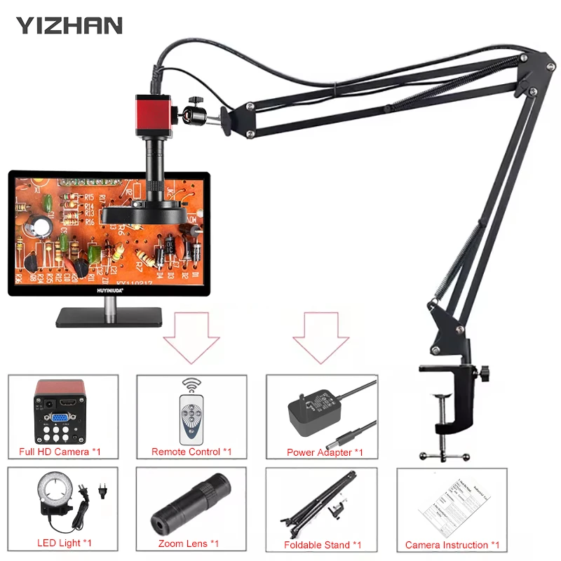 Zoom 150X Full HD Camera VGA/HDMI Port Industrial Microscope CCD Camera Adjustable Metal Stand For PCB Soldering Phone Repair