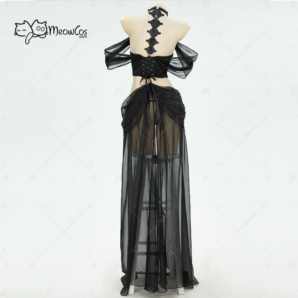 MEOWCOS Women's Gothic Elf Style Cosplay Costume Elf Lingerie Black Bodysuit with Sleeves and Necklace for Halloween Gift