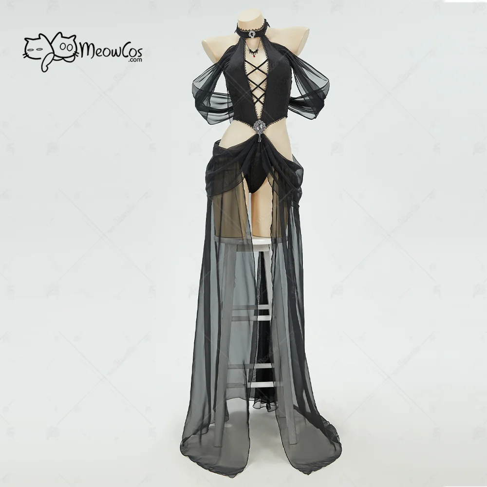MEOWCOS Women's Gothic Elf Style Cosplay Costume Elf Lingerie Black Bodysuit with Sleeves and Necklace for Halloween Gift