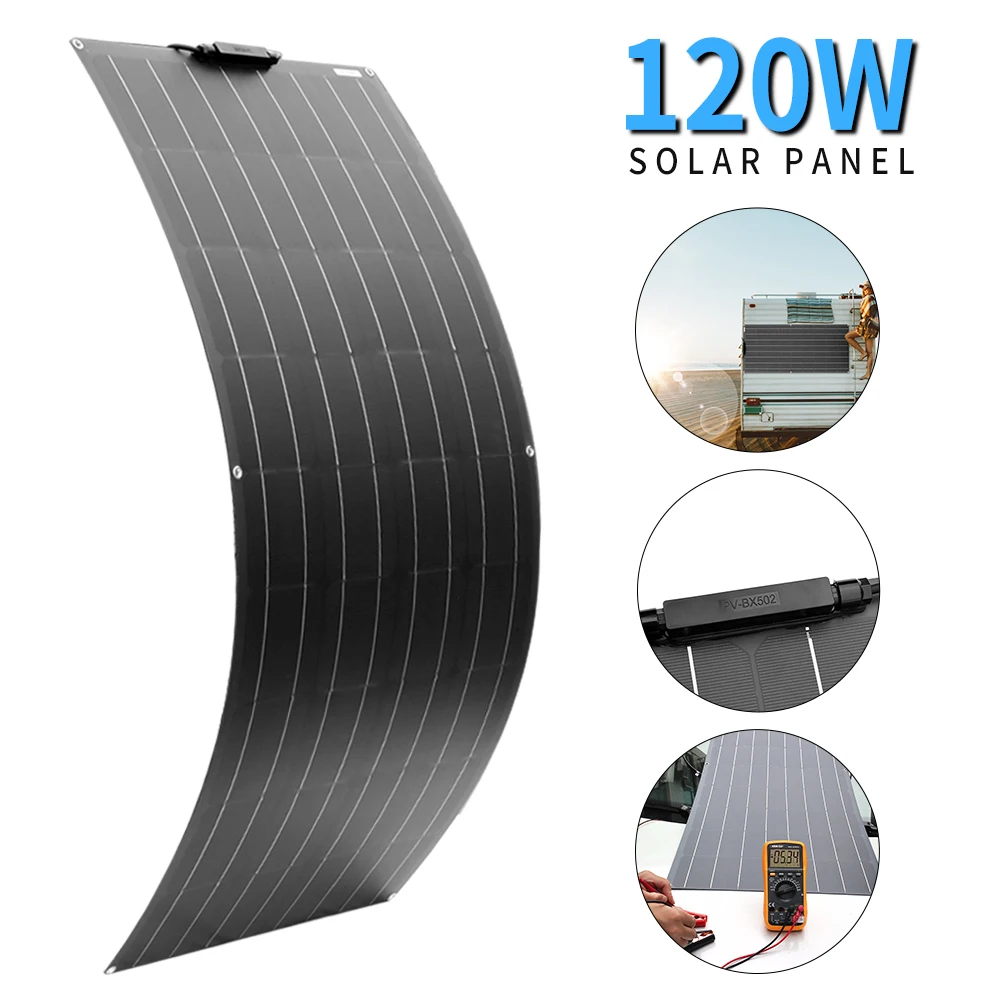 Solar Panel 120w 18V Flexible OR Glass Monocrystalline Solar Charger Off Grid for 12V Battery RV Trailer Van Caravan Boat Home