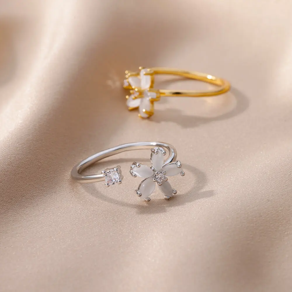 Opal Daisy Flower Rings for Women Opening Adjustable Gold Color Stainless Steel Ring Wedding Anillos Aesthetic Jewelry Gift