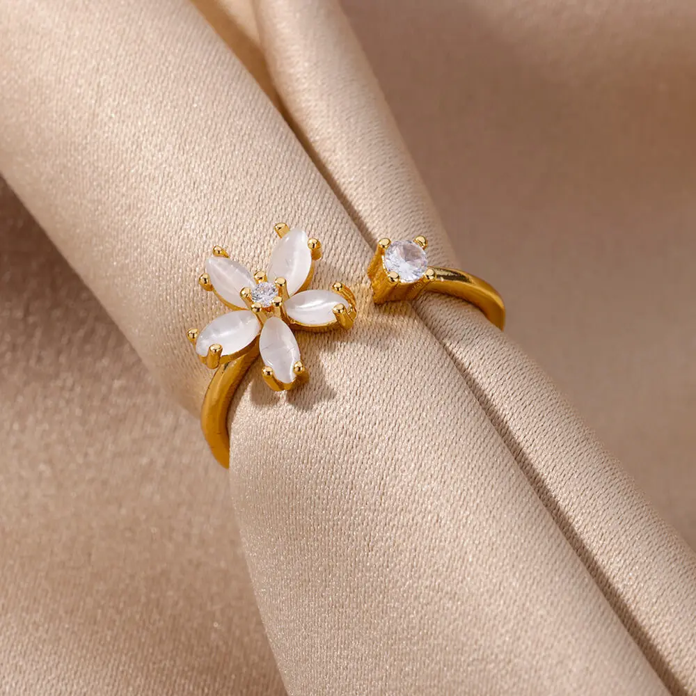 Opal Daisy Flower Rings for Women Opening Adjustable Gold Color Stainless Steel Ring Wedding Anillos Aesthetic Jewelry Gift