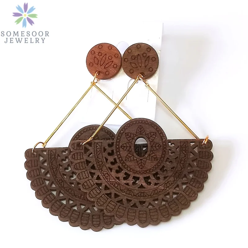 SOMESOOR African Drop Wooden Earrings For Women Gifts Afrocentric Ethnic Wood Stub Ear Dangle Engraved Pendant Bohemian Jewelry