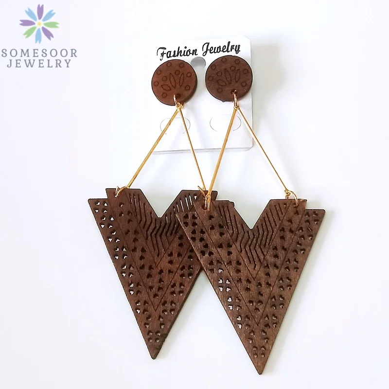SOMESOOR African Drop Wooden Earrings For Women Gifts Afrocentric Ethnic Wood Stub Ear Dangle Engraved Pendant Bohemian Jewelry