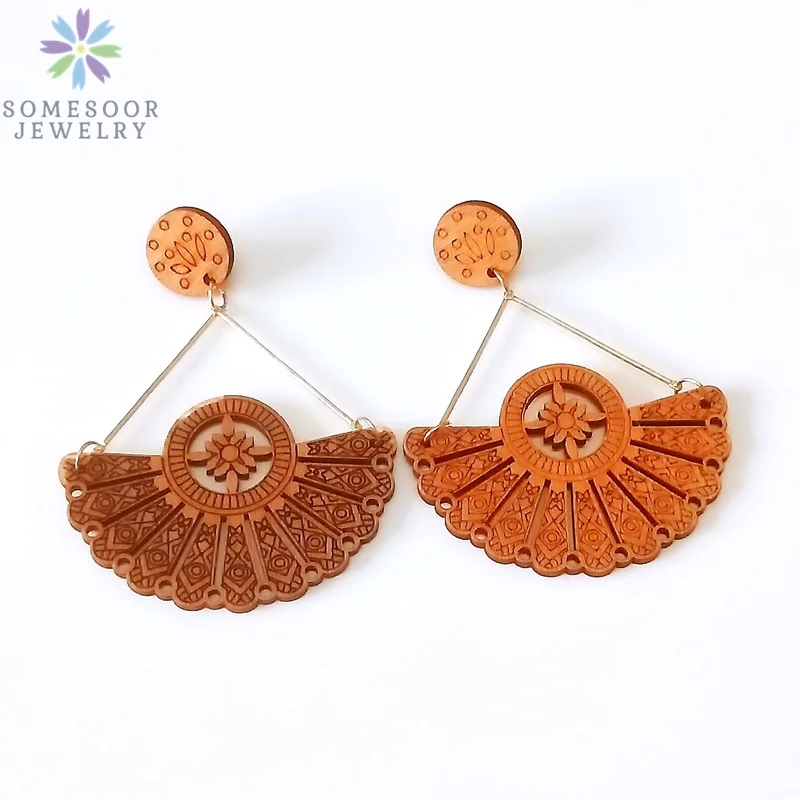 SOMESOOR African Drop Wooden Earrings For Women Gifts Afrocentric Ethnic Wood Stub Ear Dangle Engraved Pendant Bohemian Jewelry