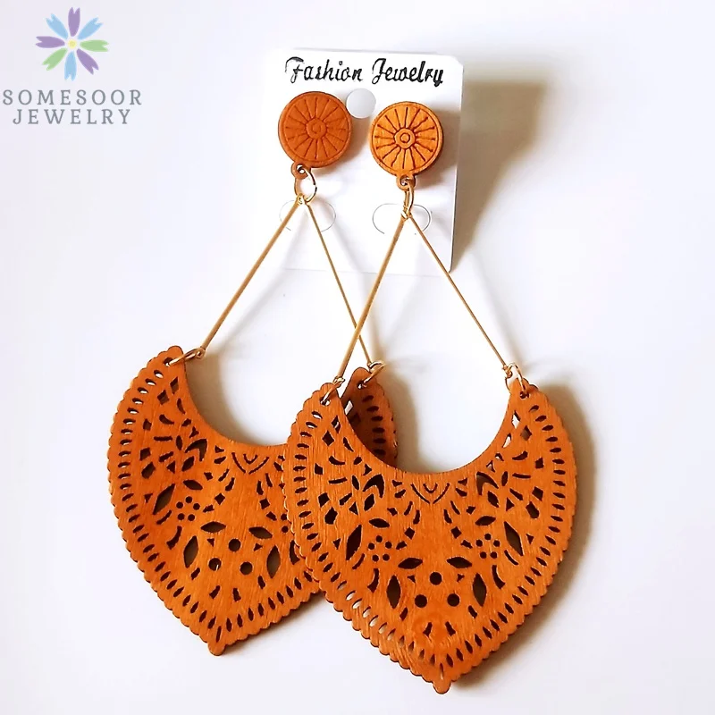 SOMESOOR African Drop Wooden Earrings For Women Gifts Afrocentric Ethnic Wood Stub Ear Dangle Engraved Pendant Bohemian Jewelry