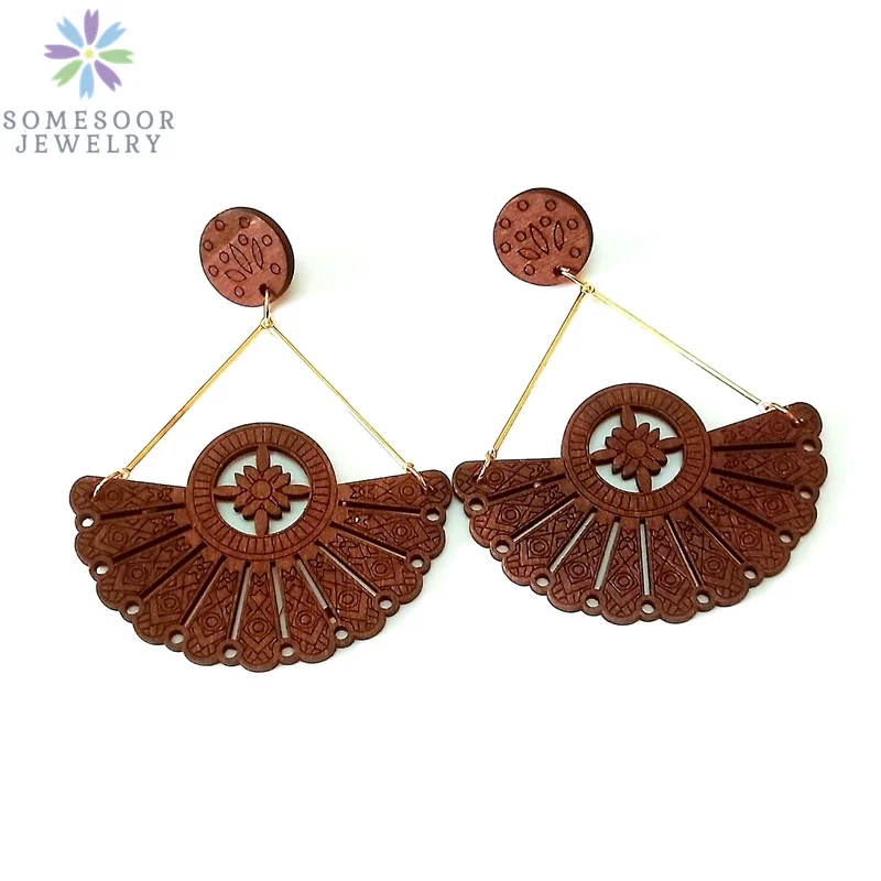 SOMESOOR African Drop Wooden Earrings For Women Gifts Afrocentric Ethnic Wood Stub Ear Dangle Engraved Pendant Bohemian Jewelry