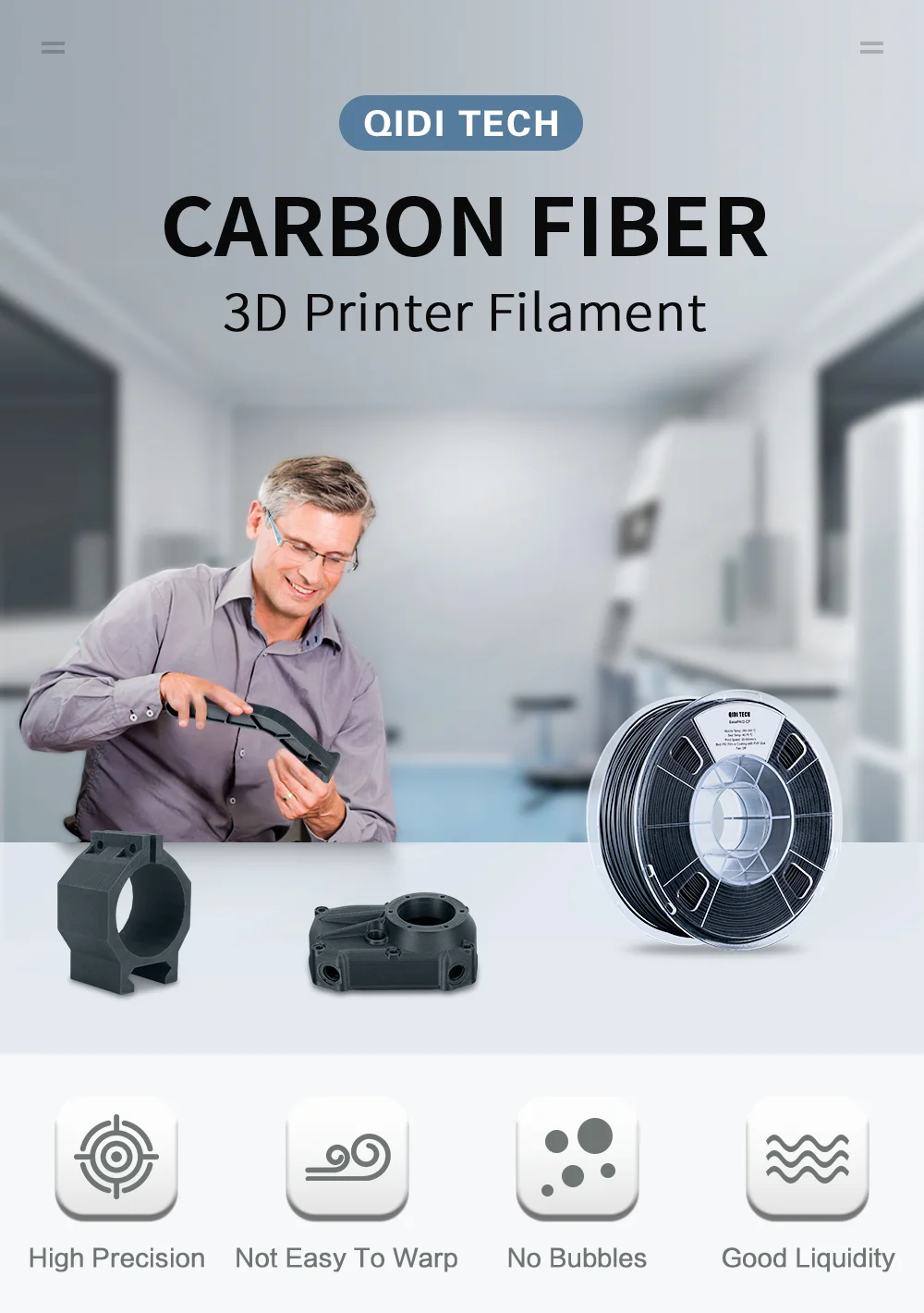 QIDI TECH Carbon Fiber Filled Nylon Filament PA12-CF1.75mm Black 1Kg Spool 3D Printing Filament for 3D Printer